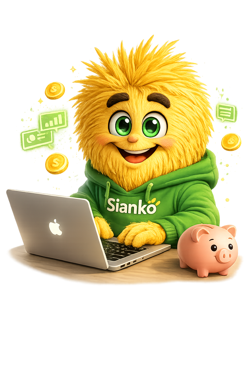 Maskotka Sianko przy laptopie