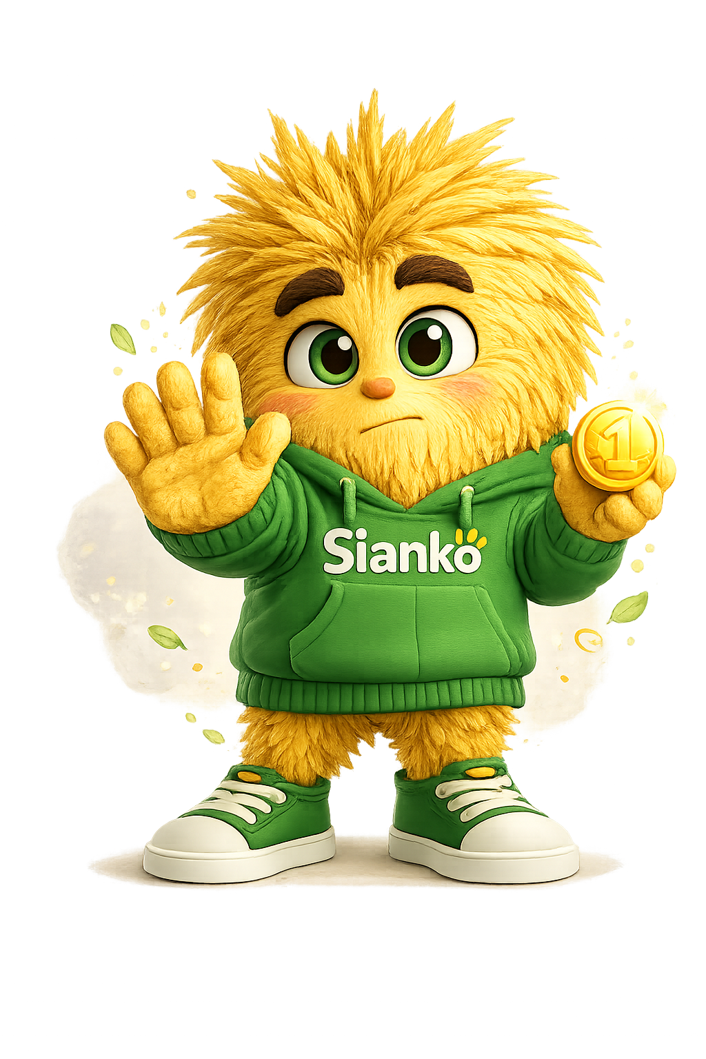 Maskotka Sianko pokazuje gest stop nad odsuniętą monetą